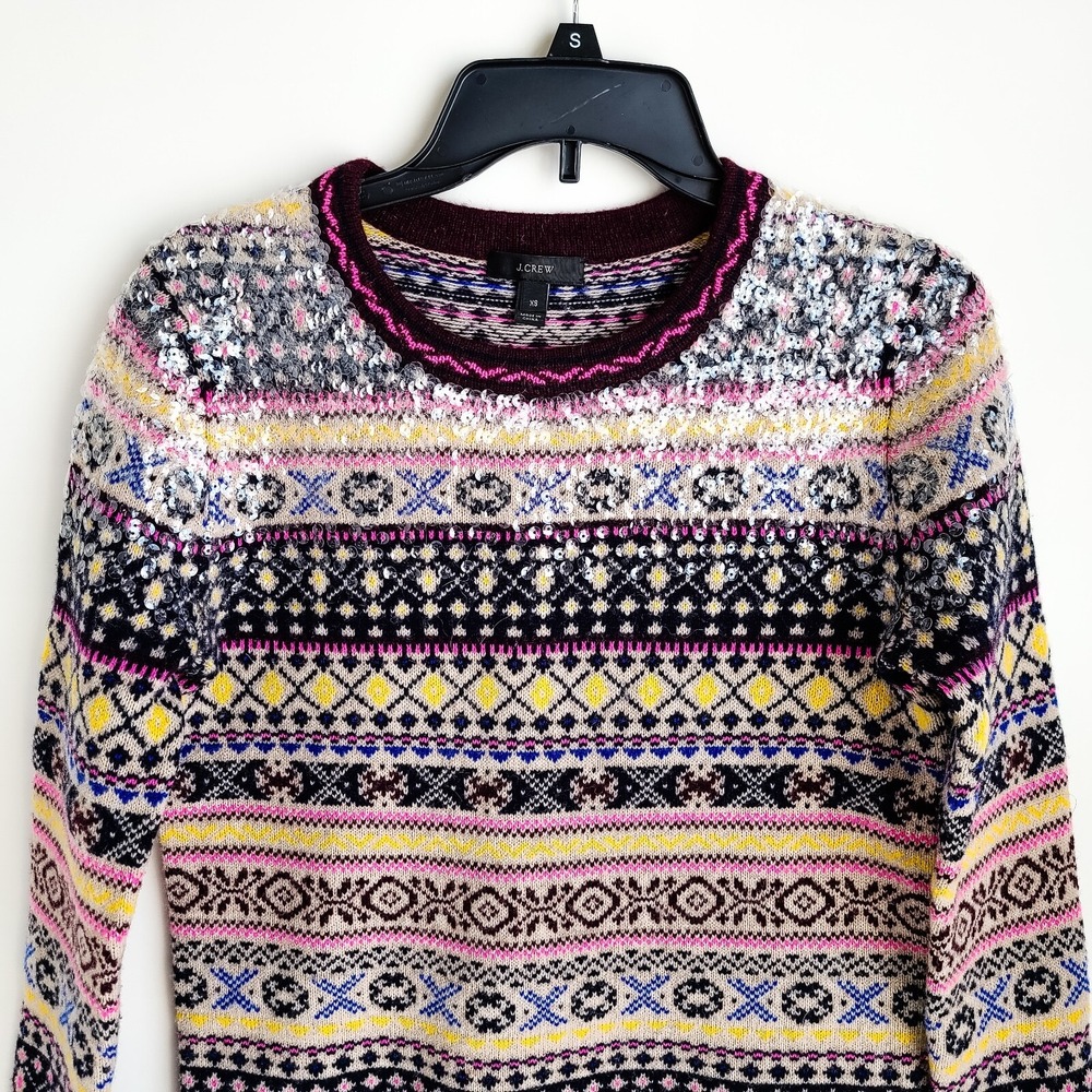 J Crew Sequin Fair Isle Lambswool Sweater Womens XS Nordic Multicolor - Picture 2 of 9